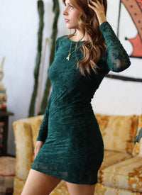 Green Long Sleeve Flocked Mesh Mini Dress w/ Cutout