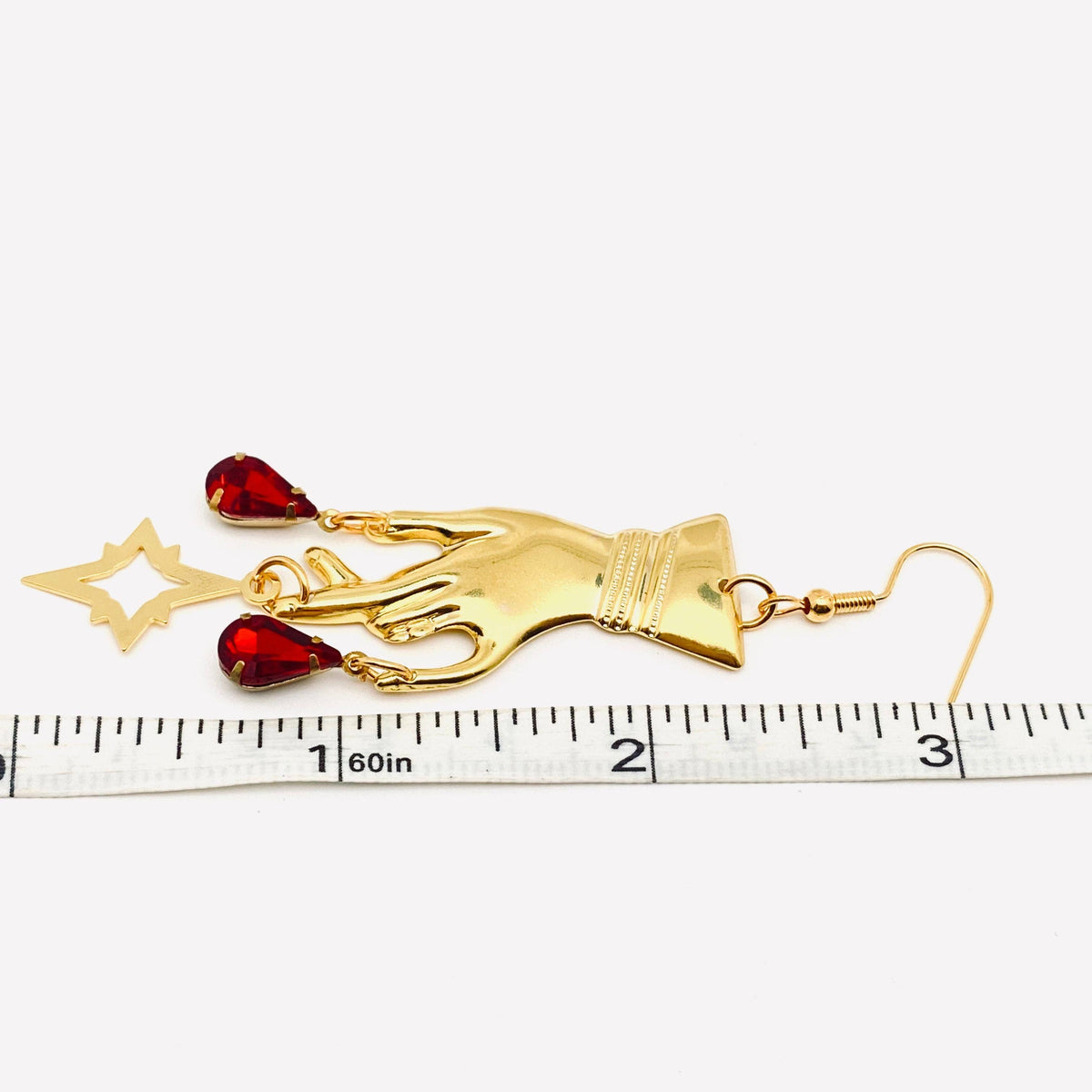 Gold Hand Earrings w/ Red Stones