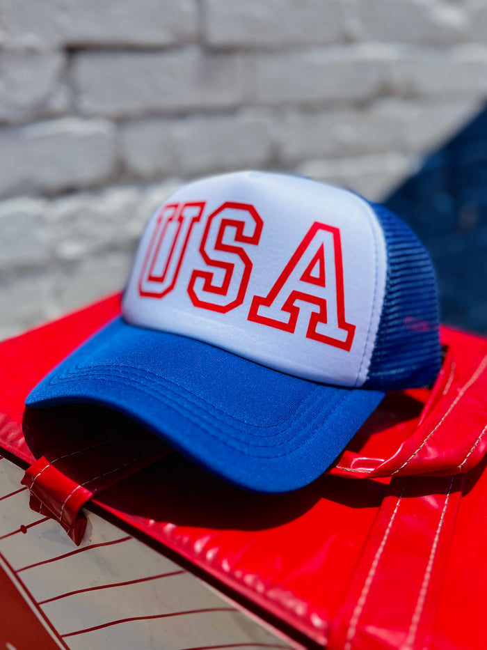 580 Trucker Hat + Red USA on Blue