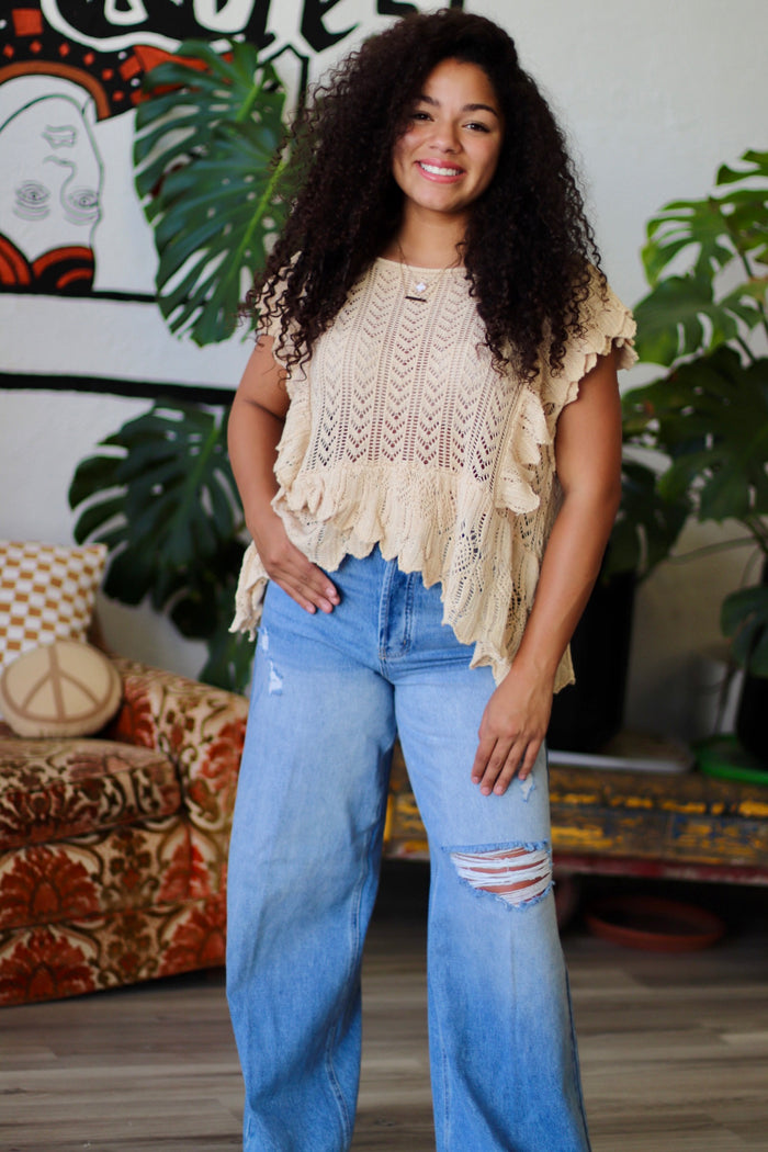 Oversized Pointelle Flutter Sleeve Top