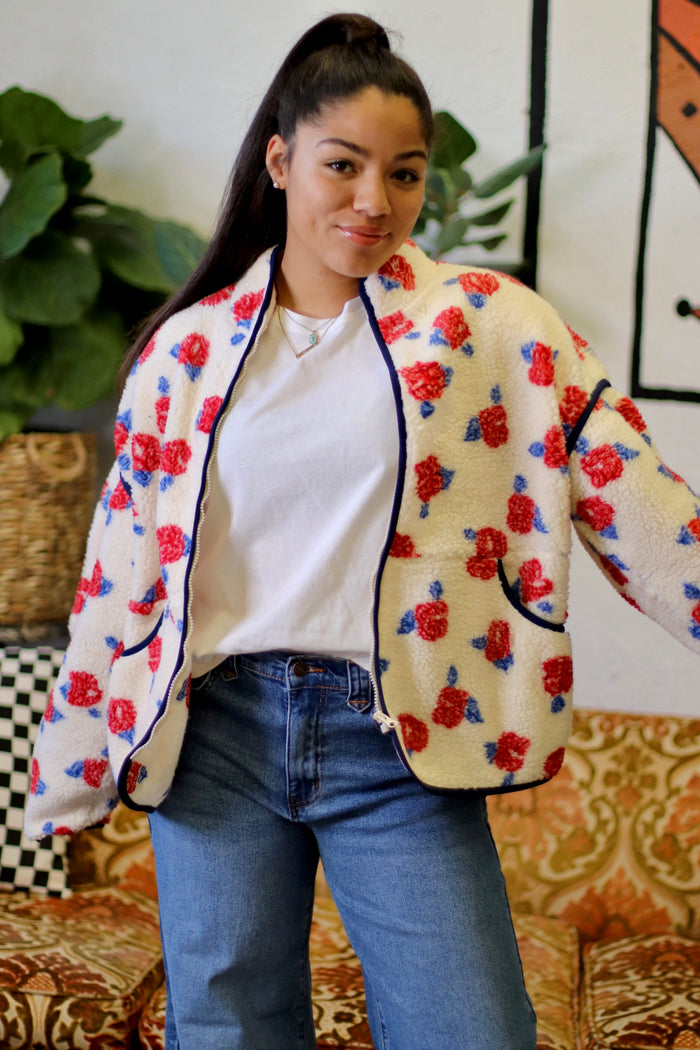 Ivory Floral Fleece Sherpa Jacket