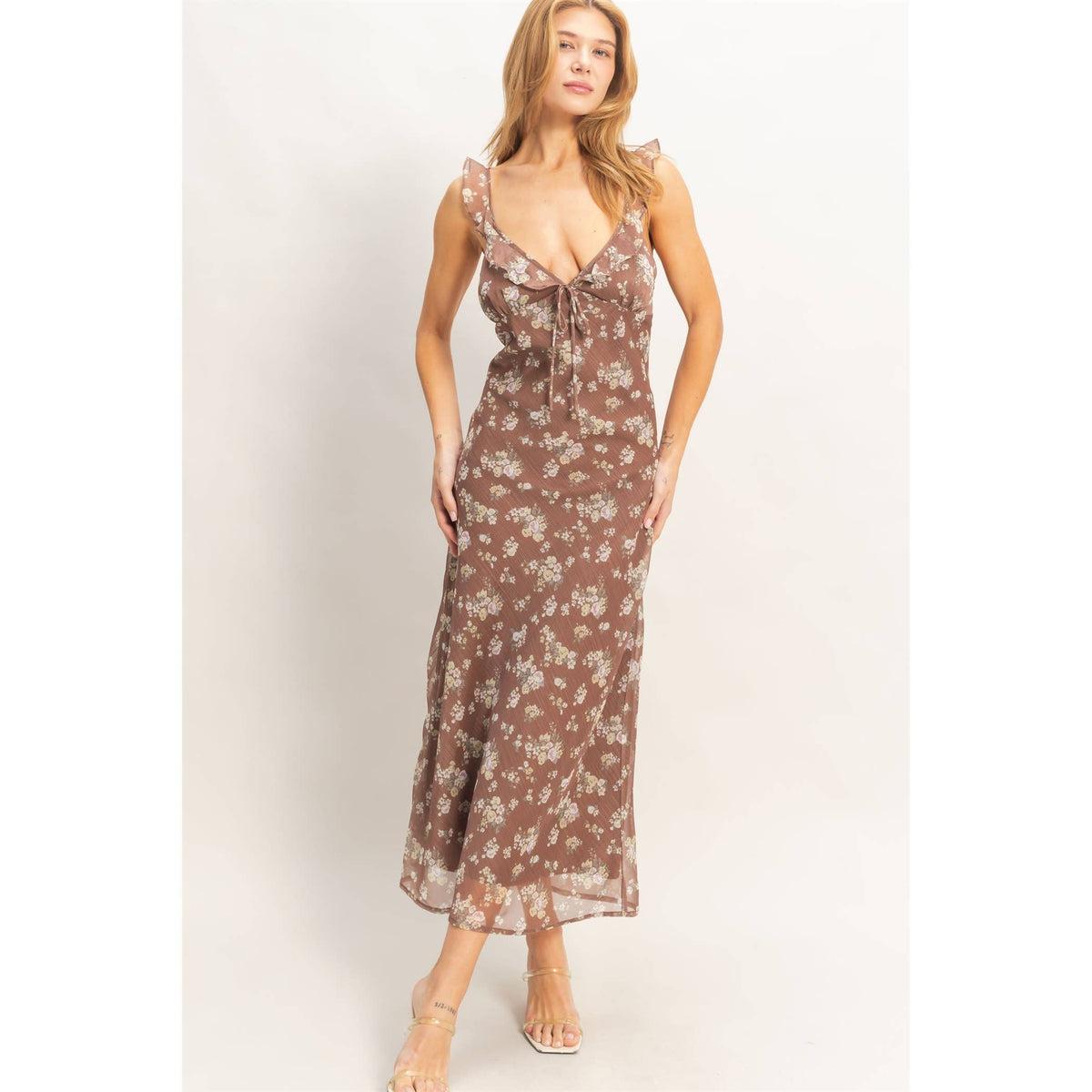 Brown Floral Ruffle Strap Midi Dress
