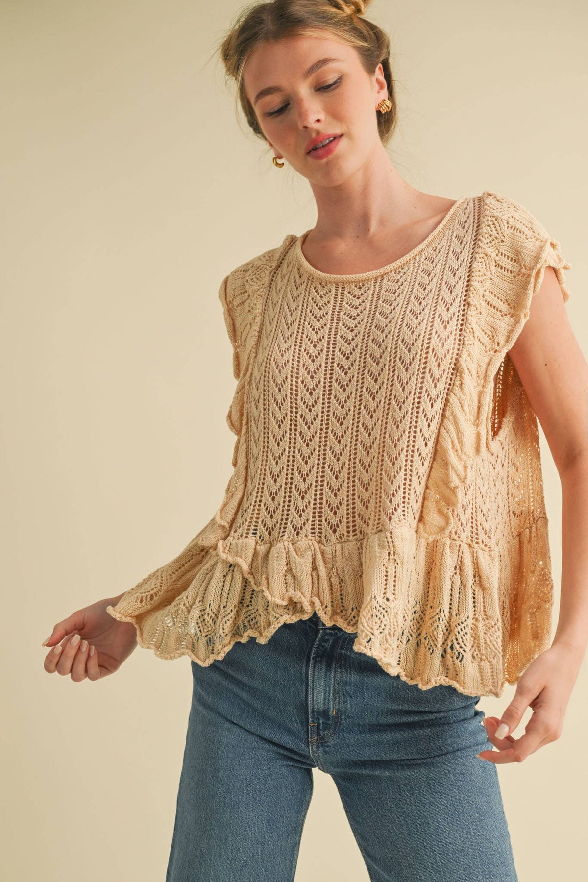 Oversized Pointelle Flutter Sleeve Top