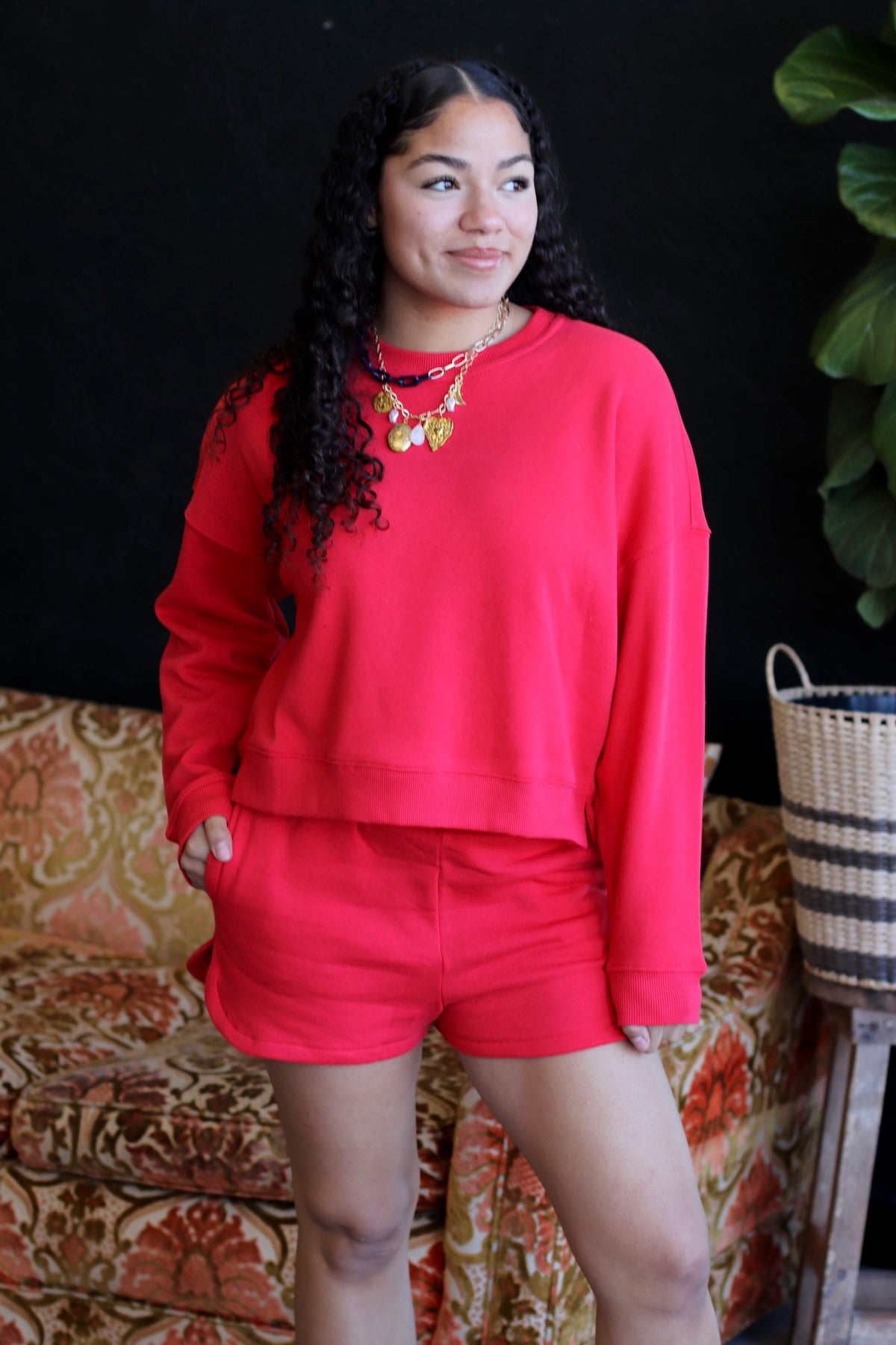 Cozy Sweatshirt & Shorts Set + Red