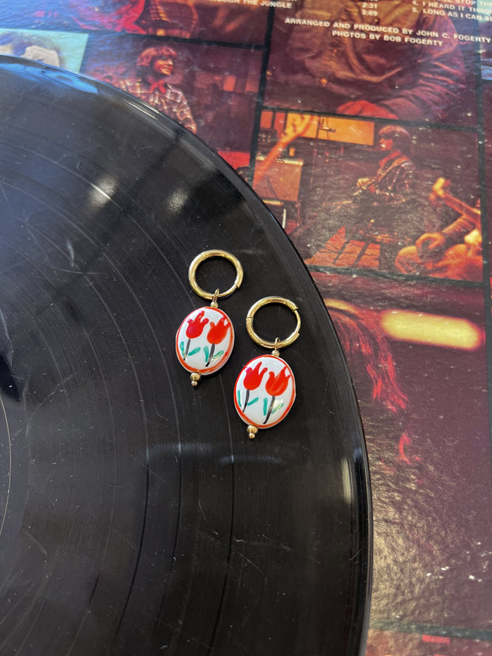 Ceramic Floral 18K GP Huggie Earrings + Red