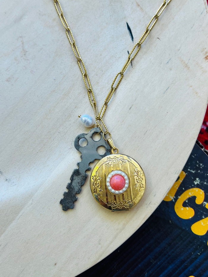 Round Locket & Key Necklace