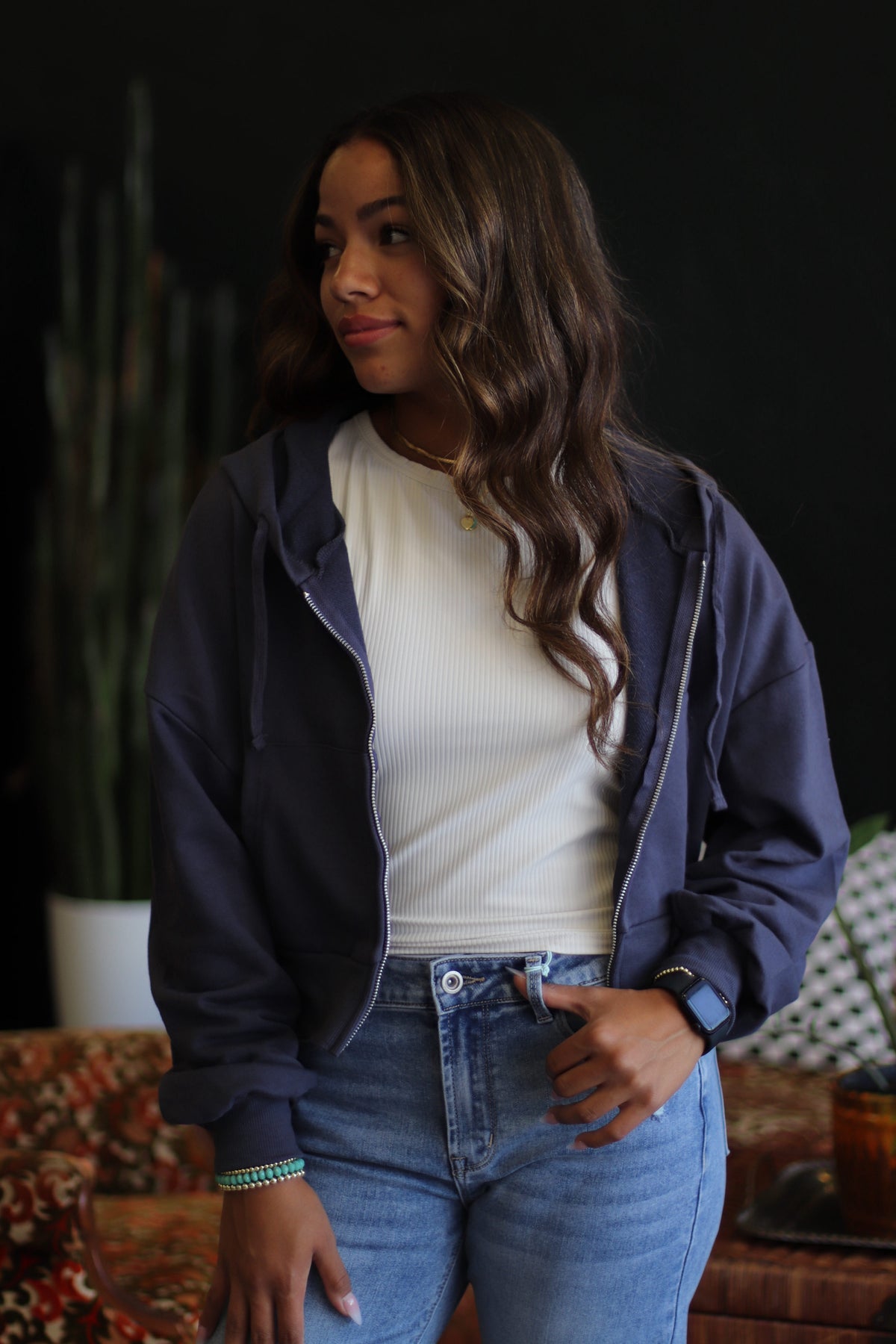 Casual Navy Zip Up Hoodie Jacket