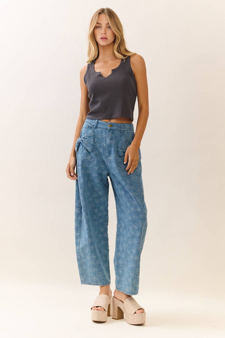 Keaton Denim Bow Detail Wide Leg Pants