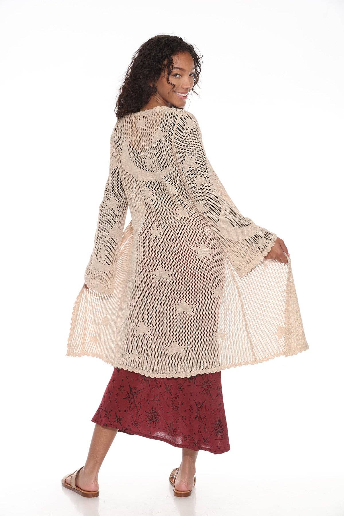 Celestial Lacy Longline Cardigan in Sand