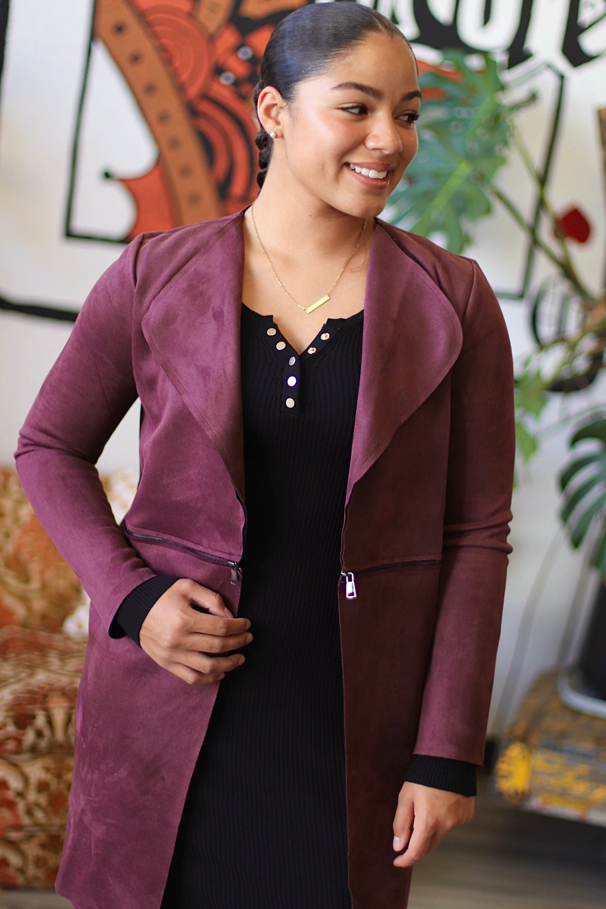 Moody Fall Suede Coat in Cherry Coke