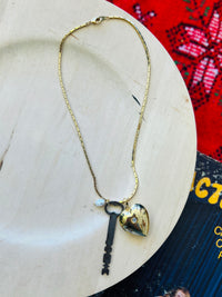 Puffy Vintage Heart Locket & Key Necklace