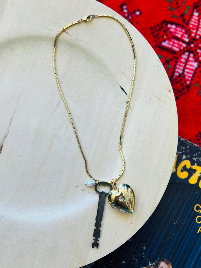 Puffy Vintage Heart Locket & Key Necklace