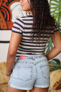 Elena B&W Striped Scoop Neck Fitted Top