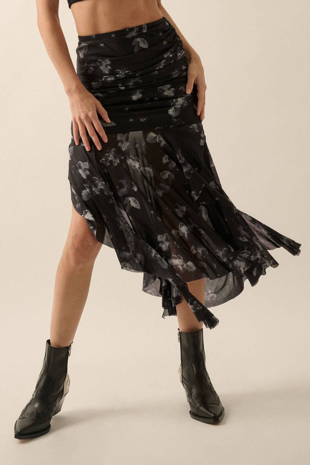 Go With The Flow Black Floral Mesh Asymmetrical Skirt