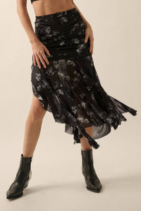 Go With The Flow Black Floral Mesh Asymmetrical Skirt