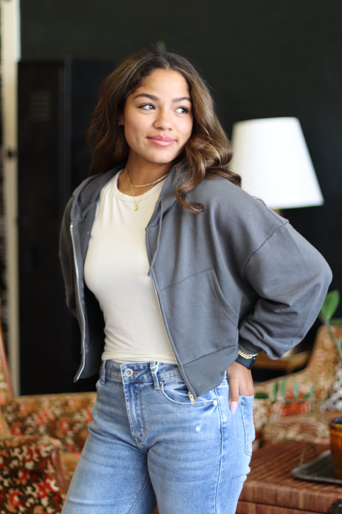 Casual Grey Zip Up Hoodie Jacket