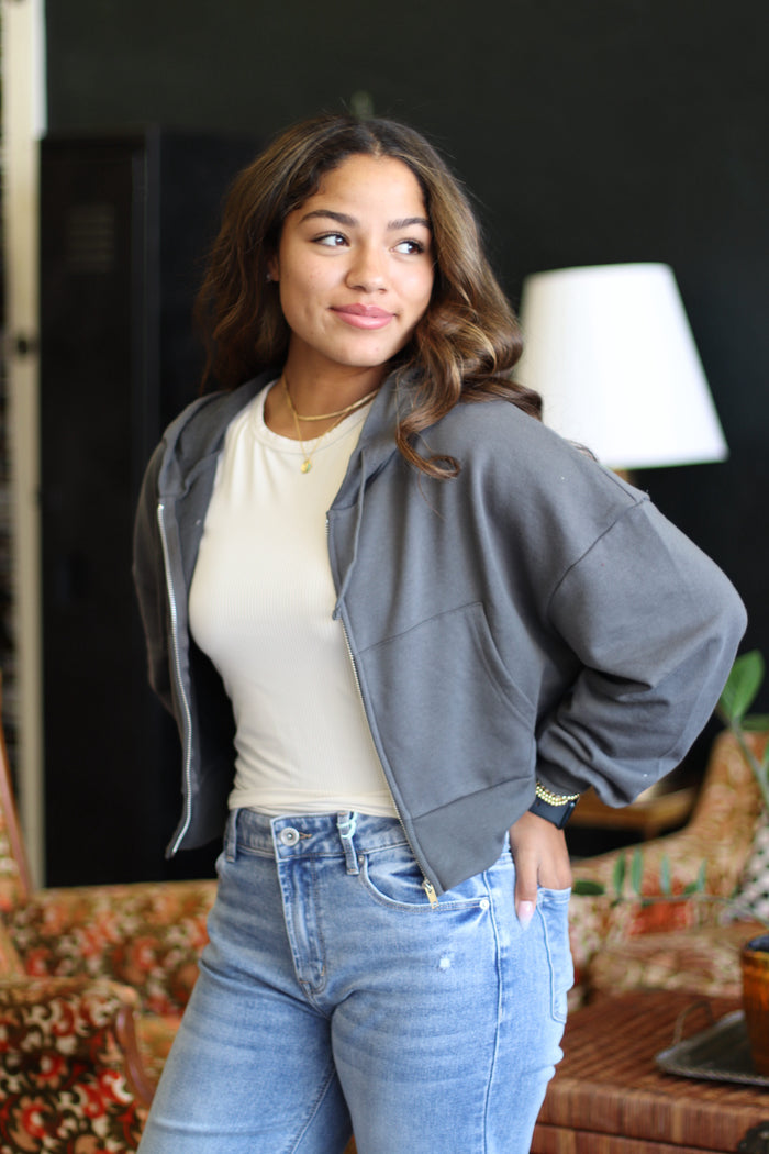 Casual Grey Zip Up Hoodie Jacket