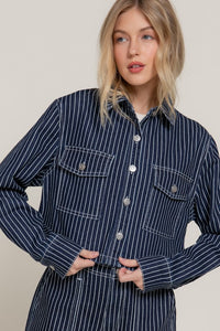 Navy Pinstripe Cropped Denim Jacket
