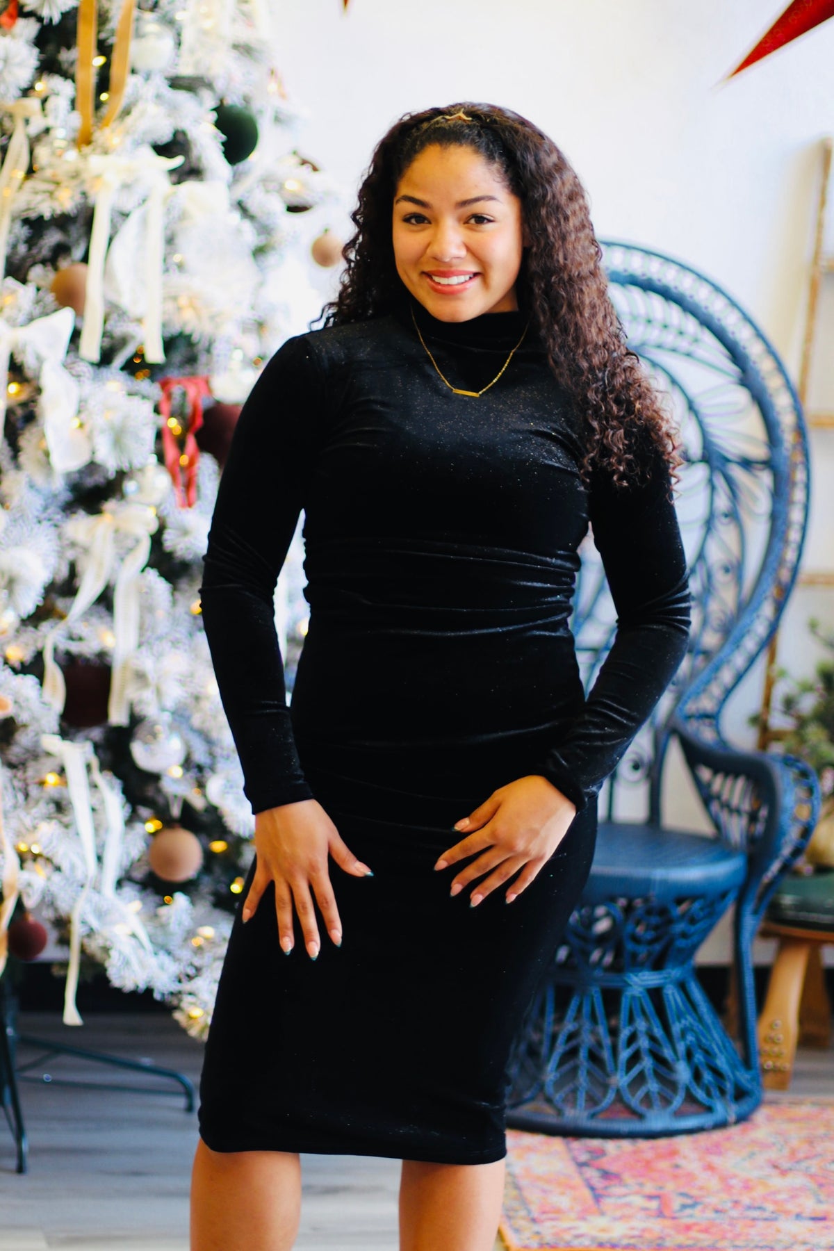 Glitter Velvet Midi Dress + Black