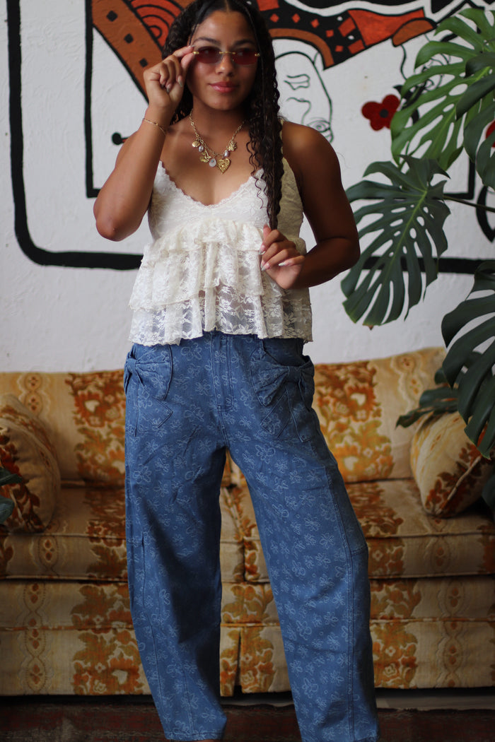 Keaton Denim Bow Detail Wide Leg Pants