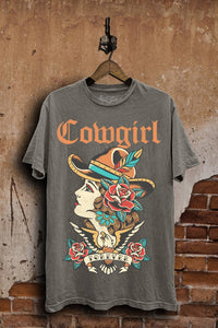 Cowgirl Forever Tattoo Stone Gray Mineral Wash Graphic Tee