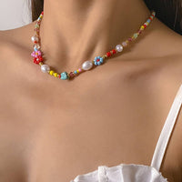 Multi Colored Flower & Pearl Beaded Necklace