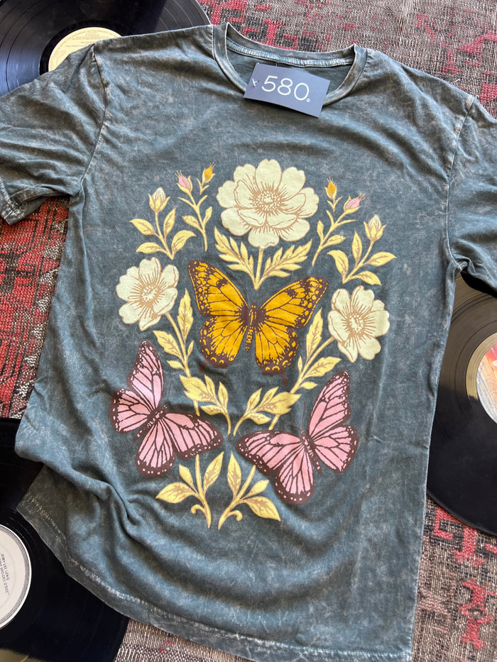 Stone Grey Mineral Wash Butterflies Graphic Tee