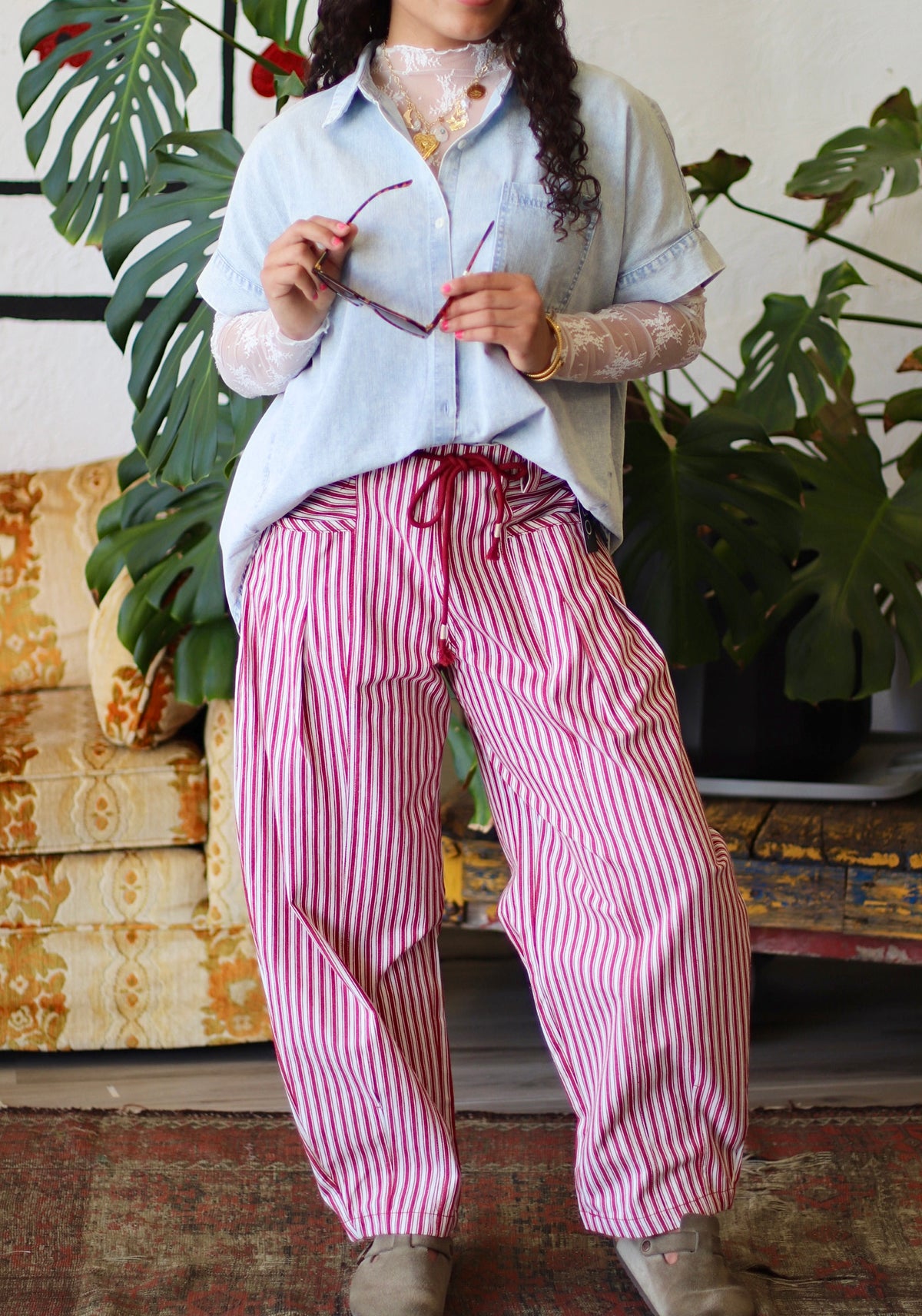 Junie Red Striped Barrel Denim Pants