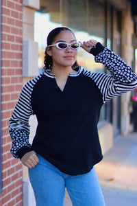 Charcoal Floral & Stripe Casual Knit Top