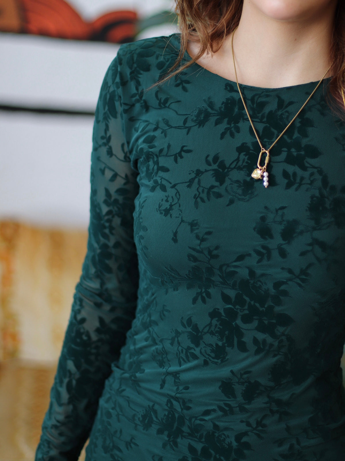 Green Long Sleeve Flocked Mesh Mini Dress w/ Cutout