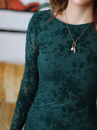 Green Long Sleeve Flocked Mesh Mini Dress w/ Cutout