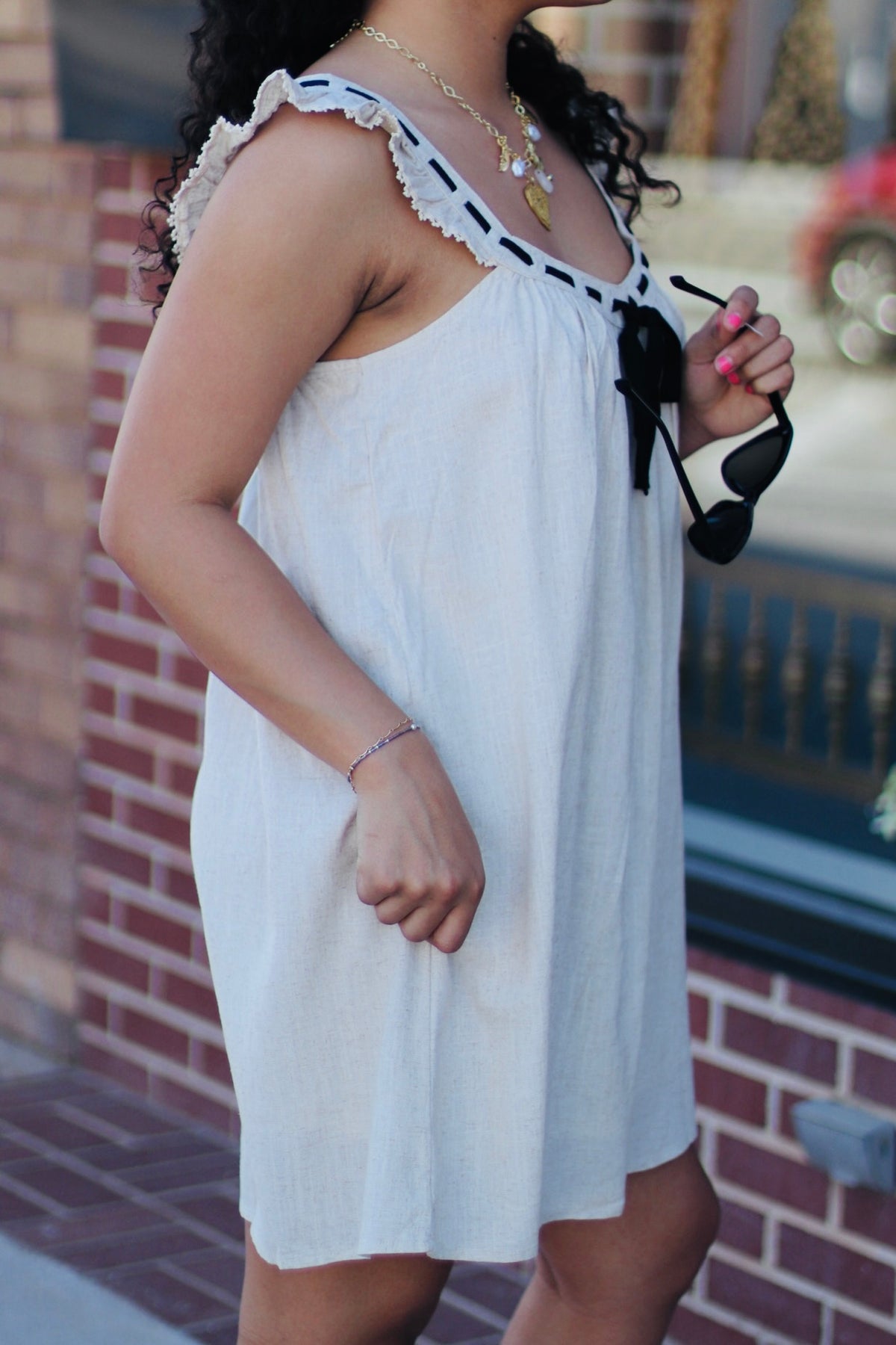 Front Tie Ruffle Sleeve Woven Mini Shift Dress Oat