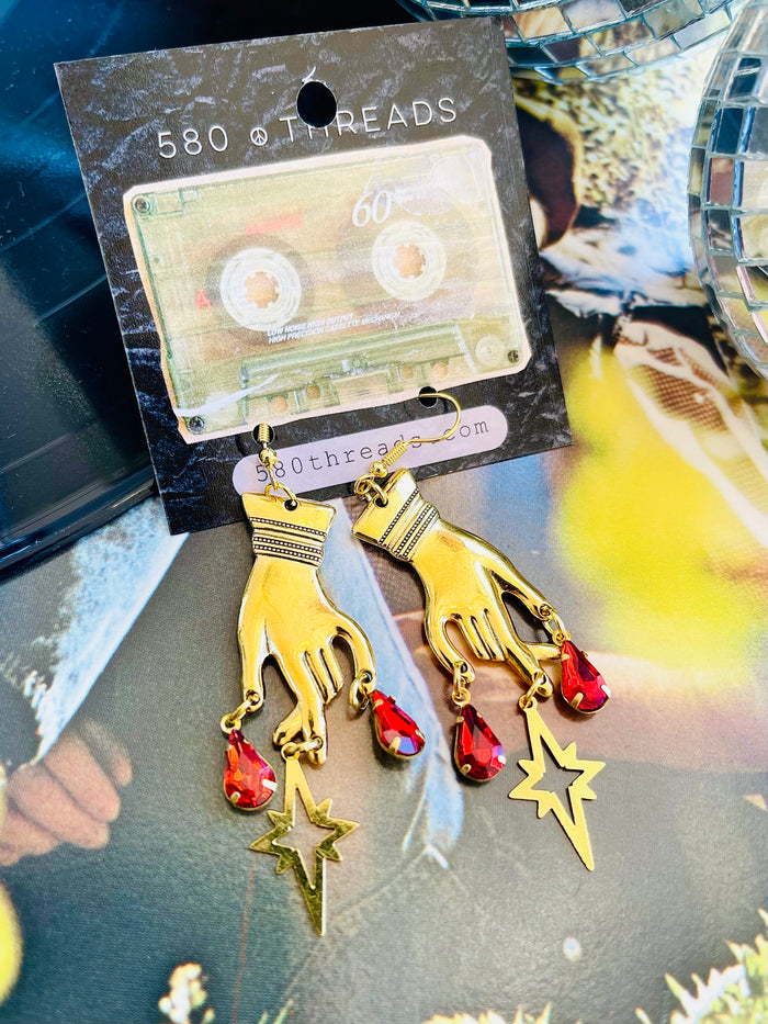 Gold Hand Earrings w/ Red Stones