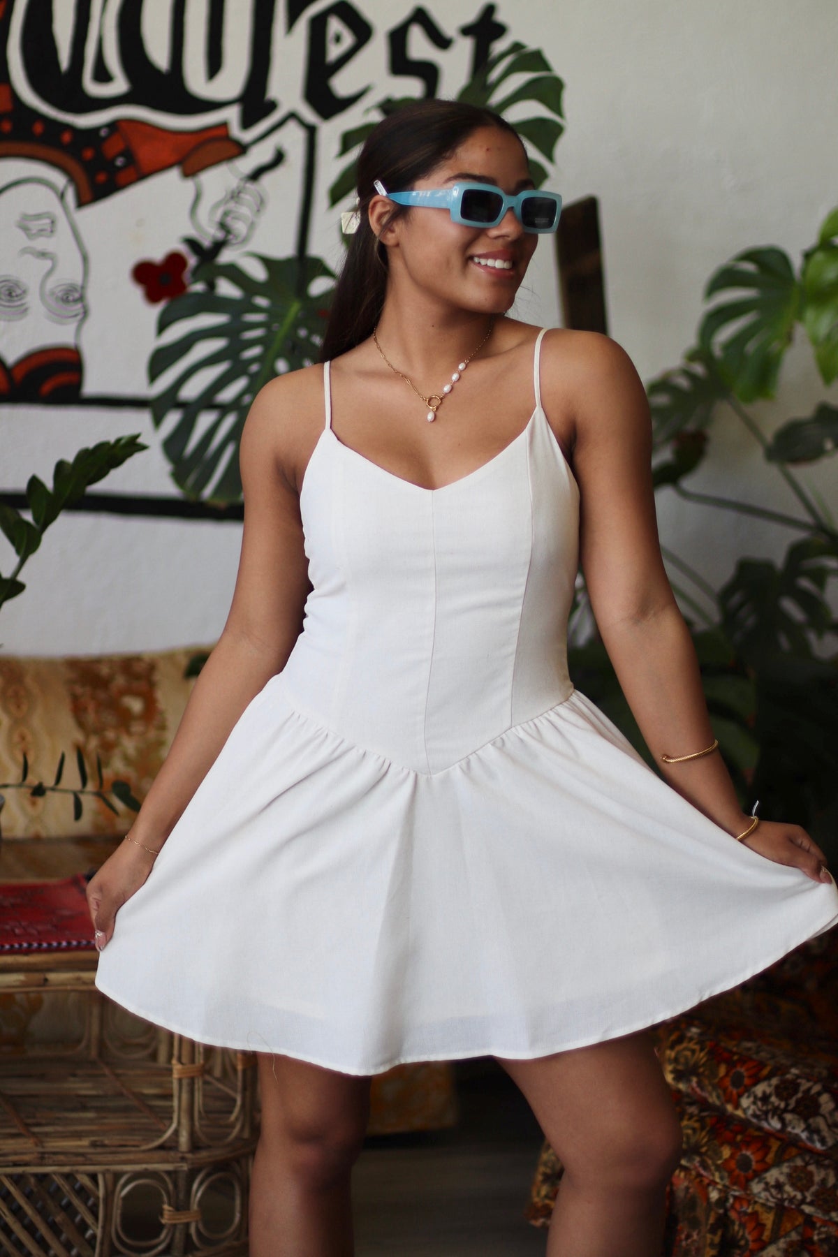 Angel Basque Waist Linen Mini Dress in White