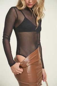 Black Long Sleeve Mock Neck Mesh Bodysuit