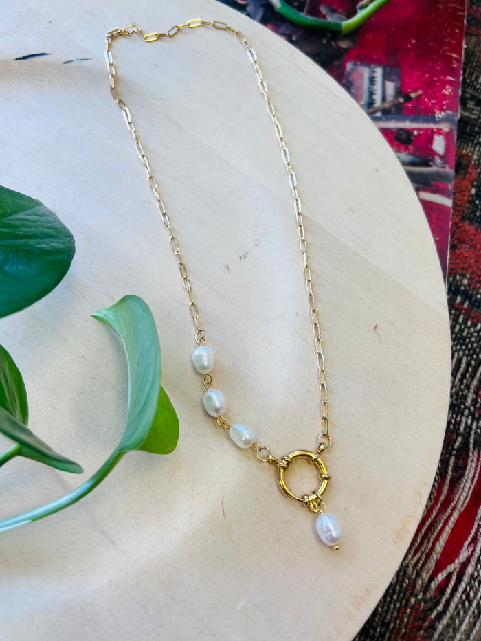 Four Pearl Drop 18K GP Necklace w/Charm Holder