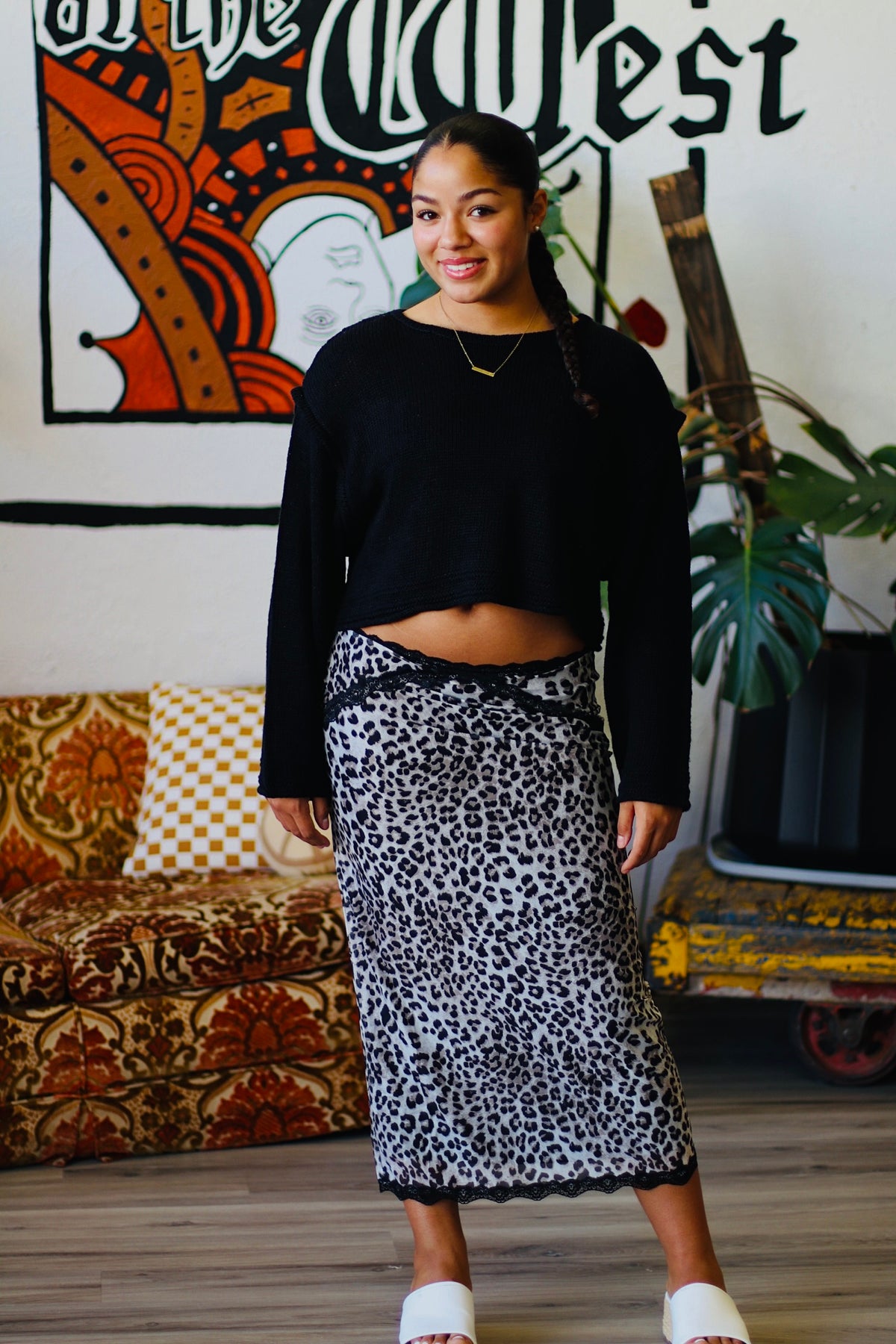 Leopard Pencil Skirt w/ Lace Trim