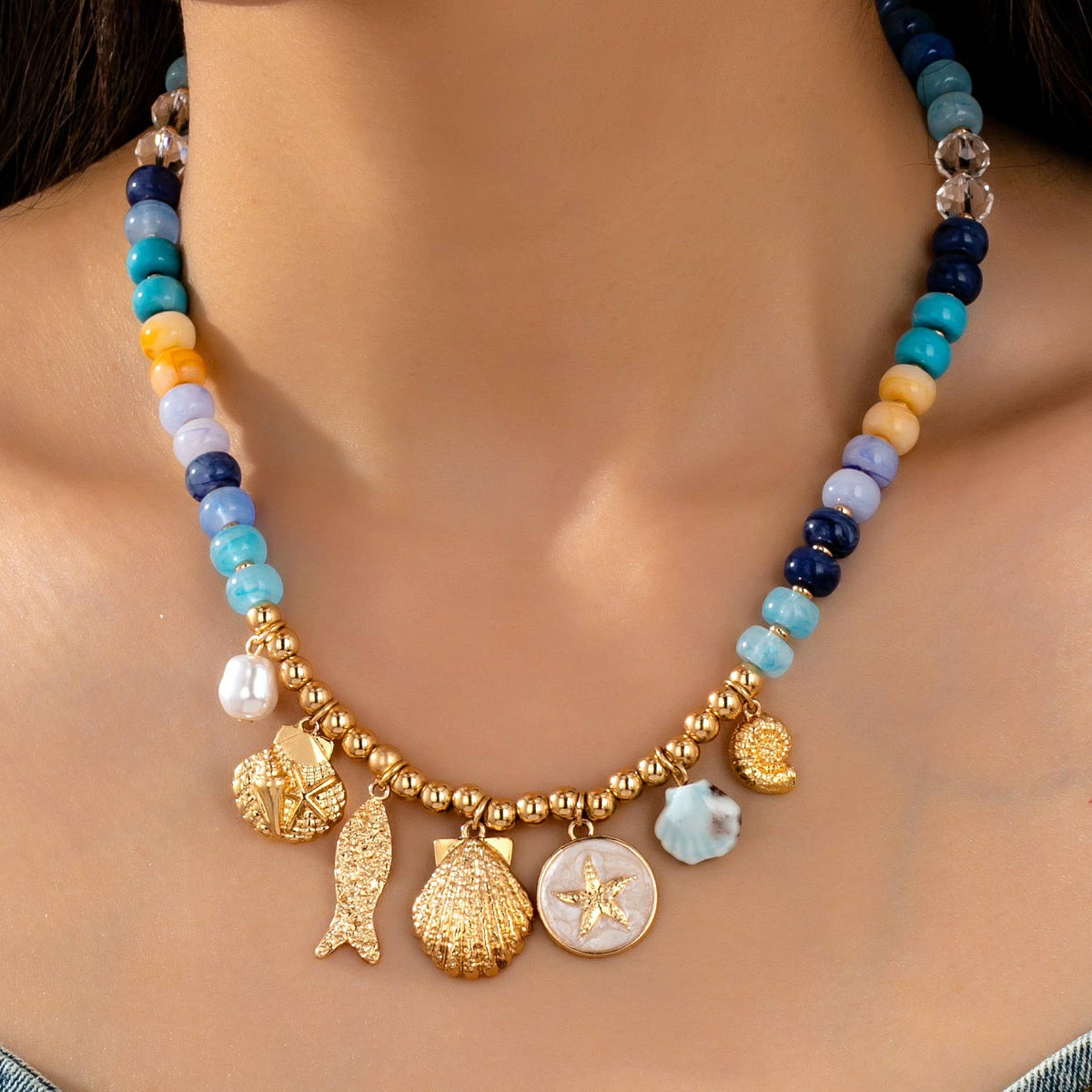 Nautical Blue Beaded Sealife Charm Necklace