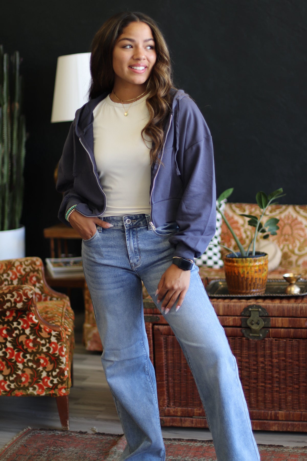 Casual Navy Zip Up Hoodie Jacket