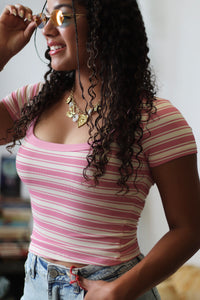 Elena Pink Striped Scoop Neck Fitted Top