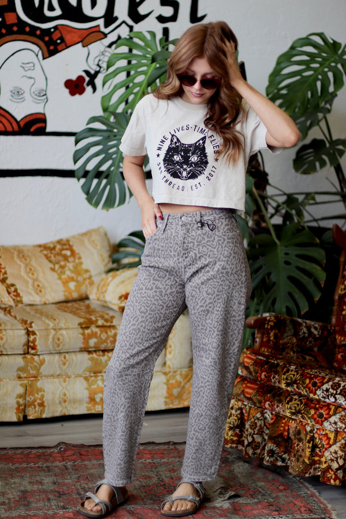 On The Prowl Leopard Barrel Leg Jeans
