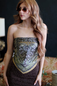 Olive Paisley Print Silk Square Scarf