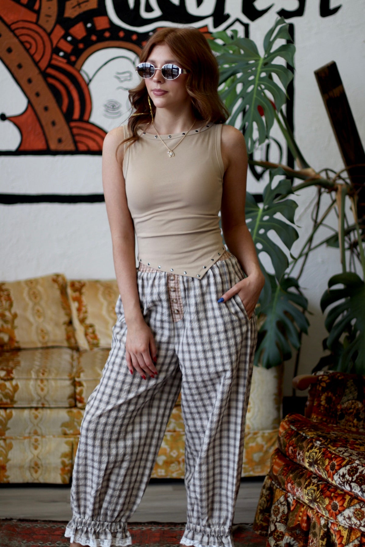 Mystic Plaid Balloon Pants W/ Ruffle Hem
