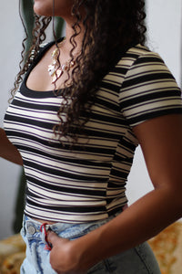 Elena B&W Striped Scoop Neck Fitted Top