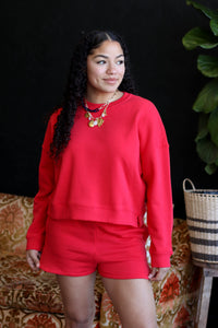 Cozy Sweatshirt & Shorts Set + Red