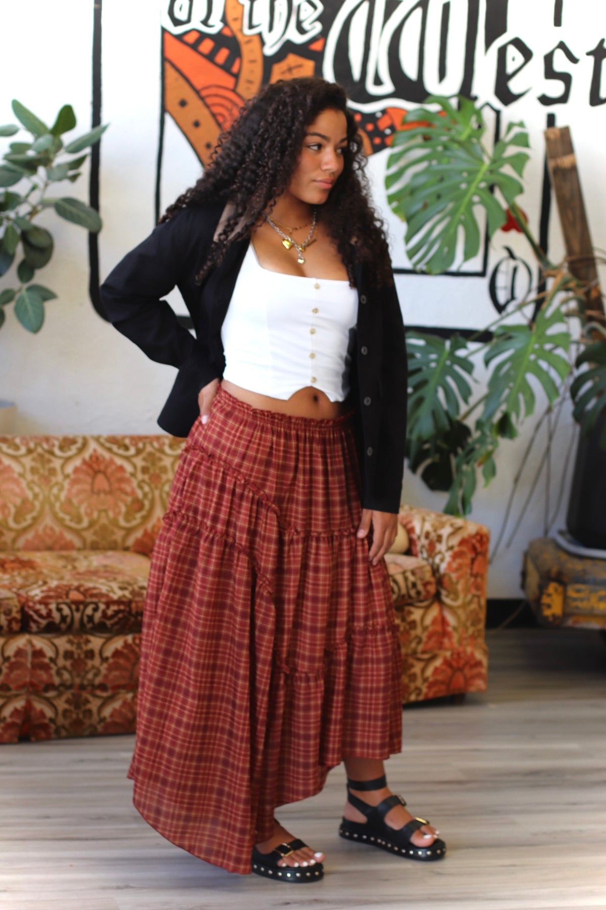 Apple Cider Plaid Midi Skirt