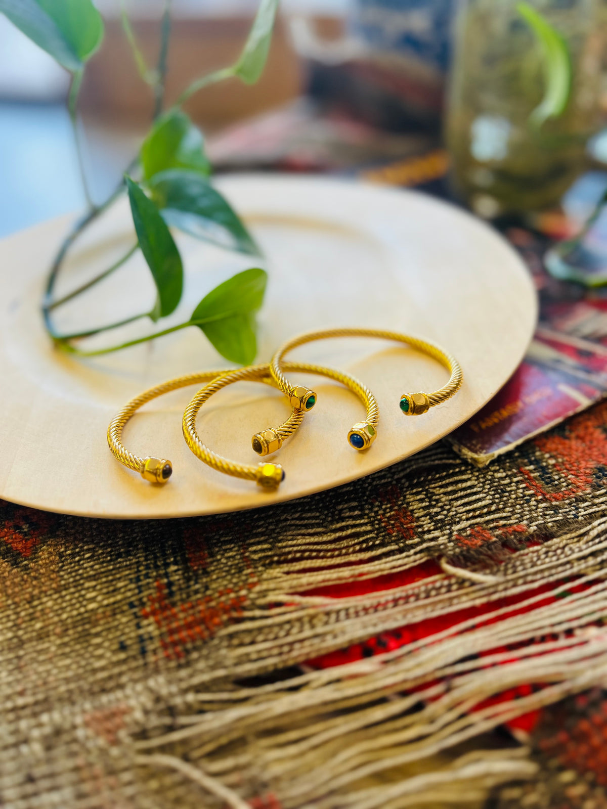 Inlaid Stone 18K GP Spiral Cuff + Tigers Eye