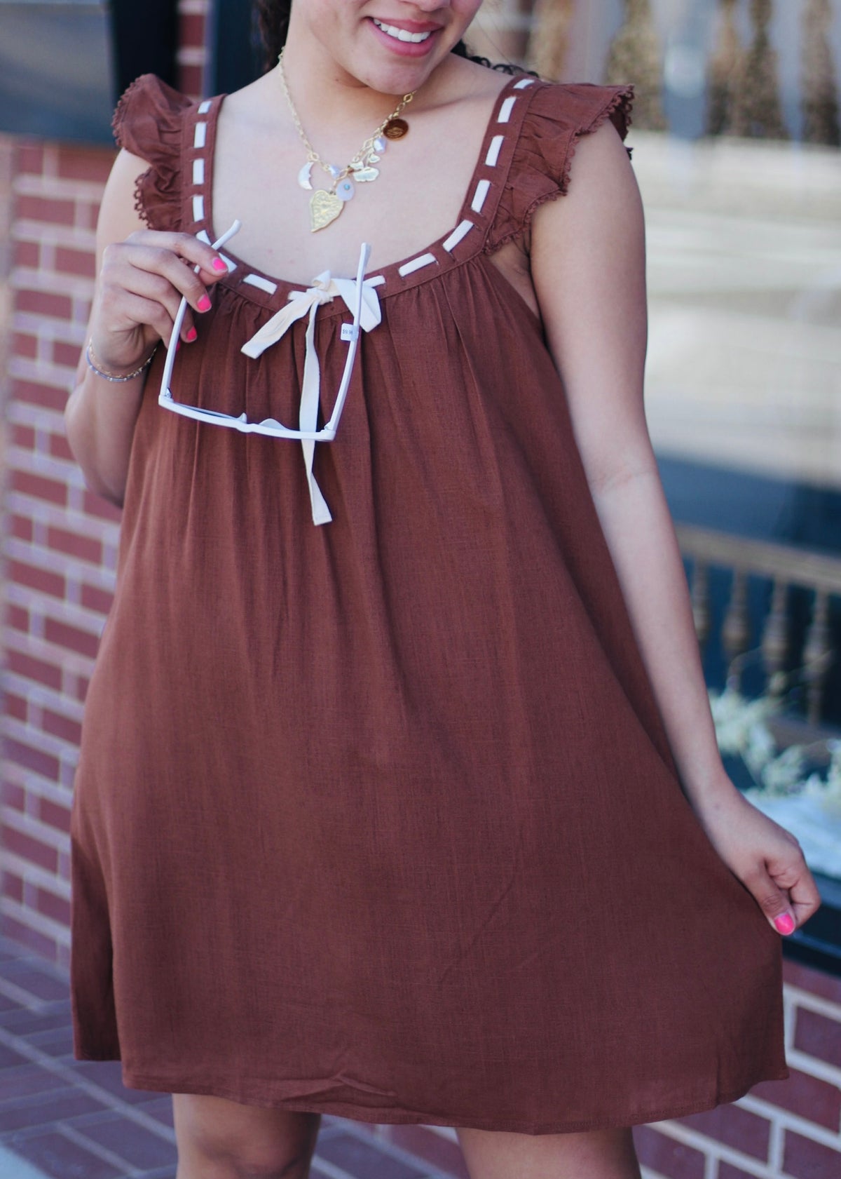 Front Tie Ruffle Sleeve Woven Mini Shift Dress Mocha