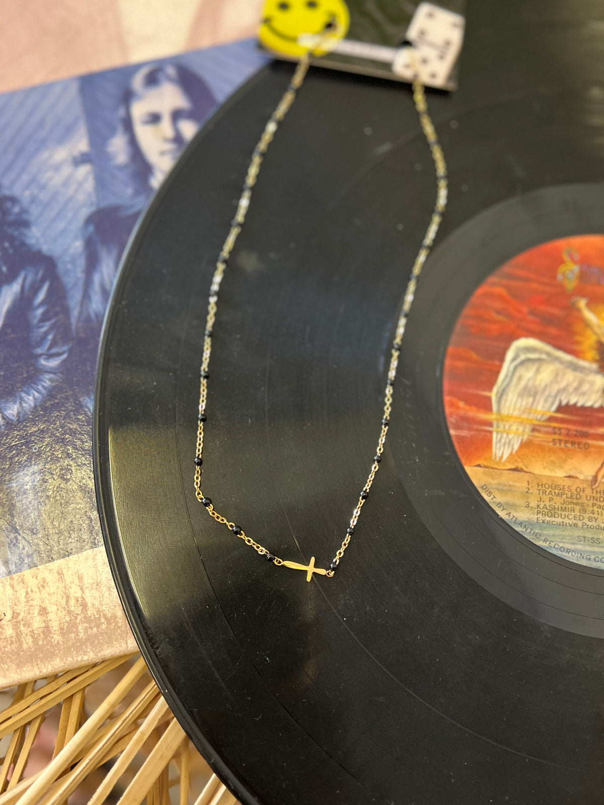 Black Enamel Gold Cross Horizontal Necklace