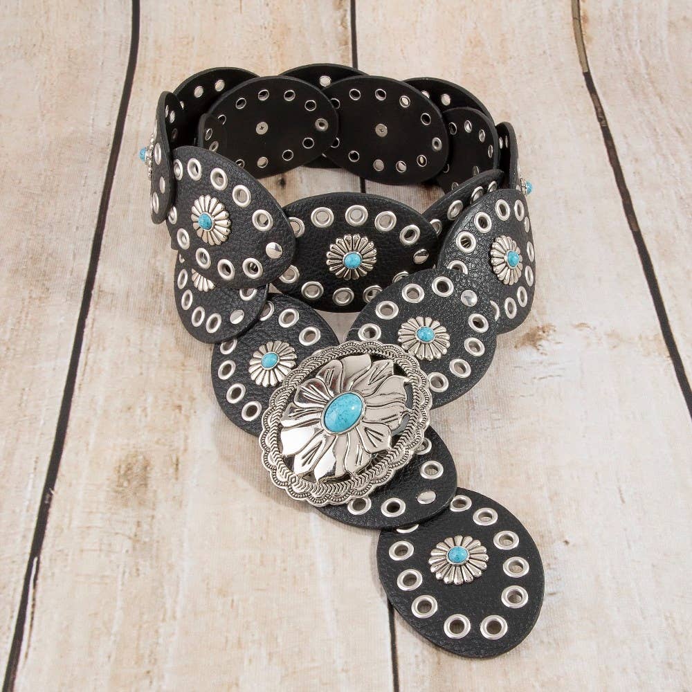Black Western Turquoise Concho Disc Leather Belt